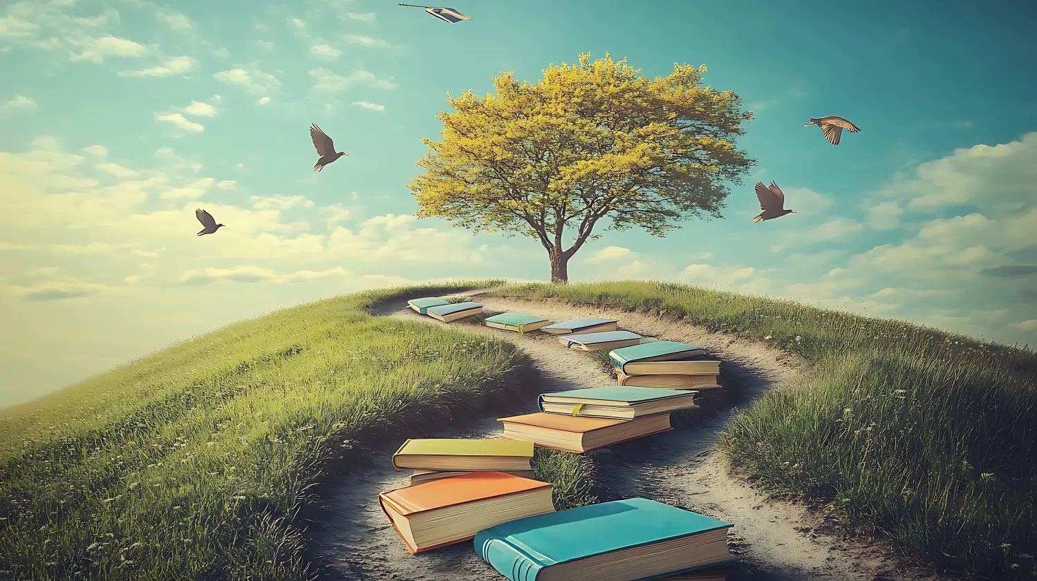 Ein gewundener Pfad offener Bücher, der zu einem Baum auf einem Hügel führt